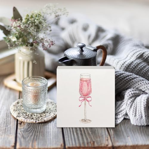 Coquette Pink Bow Champagne Wooden Box Sign, 5x5 Inch