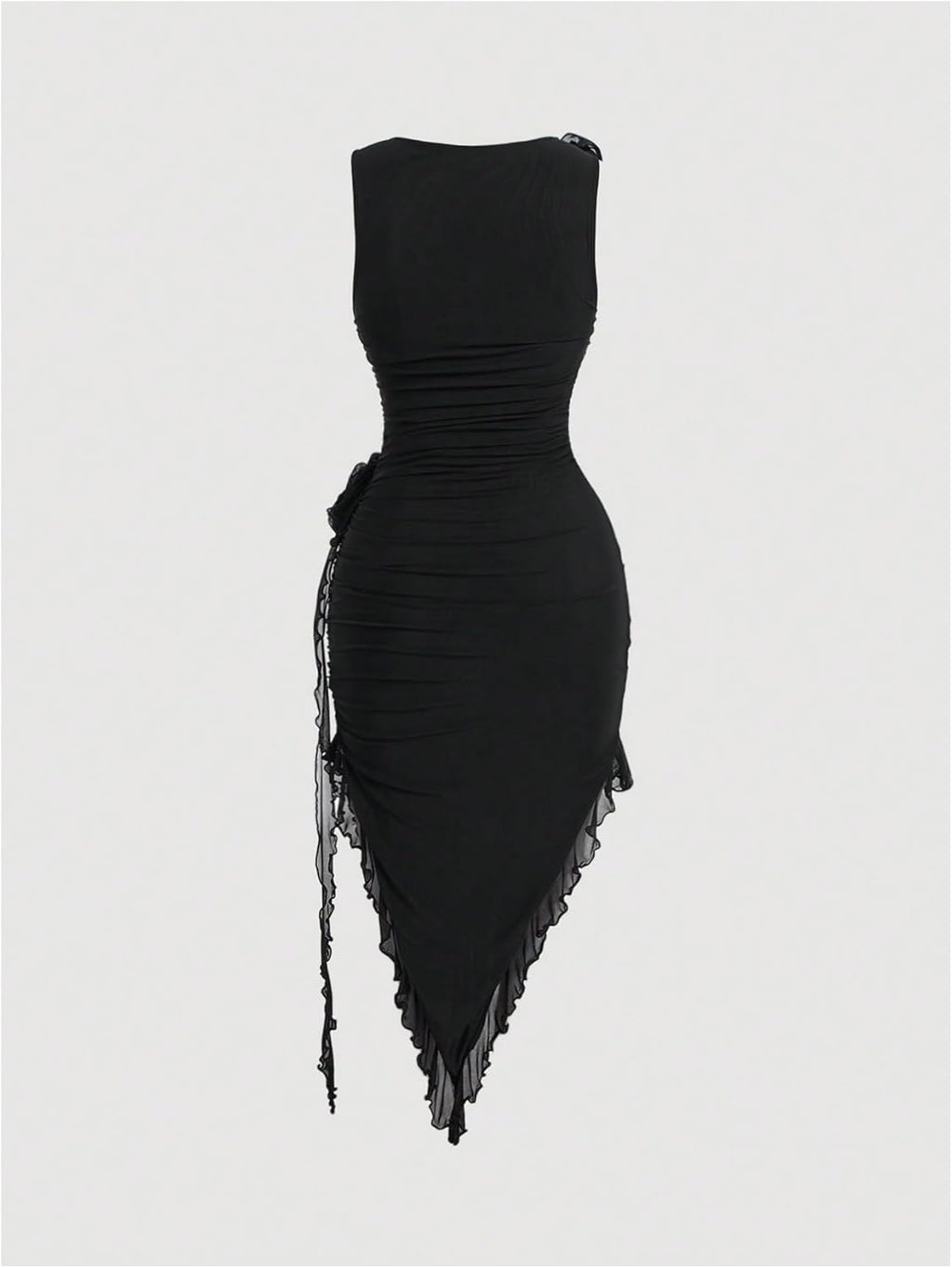 Women's Sleeveless Floral Appliques Bodycon Mesh Irregular Ruffle Hem Dress