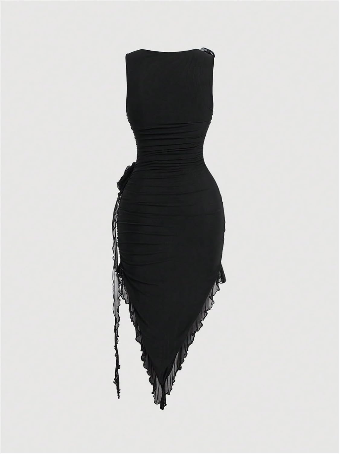 Women's Sleeveless Floral Appliques Bodycon Mesh Irregular Ruffle Hem Dress