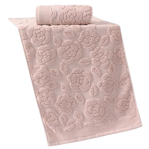 Rose Hand Towel Set of 2 Super Soft 100% Cotton Embossed Floral Pattern Highly Absorbent Decorative Bath Hand Towels for Bathroom 13x 29 Inch