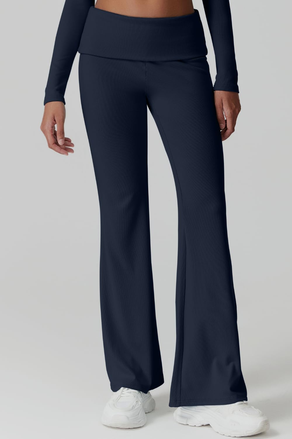 Womens 2 Piece Lounge Sets Mock Neck Long Sleeve Tops with Side Ruched Fold Over Flare Pants Comfy Tracksuits