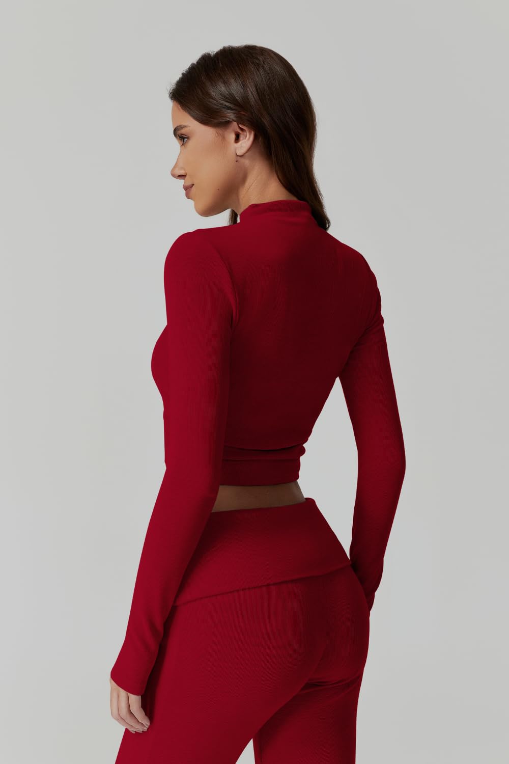 Womens 2 Piece Lounge Sets Mock Neck Long Sleeve Tops with Side Ruched Fold Over Flare Pants Comfy Tracksuits