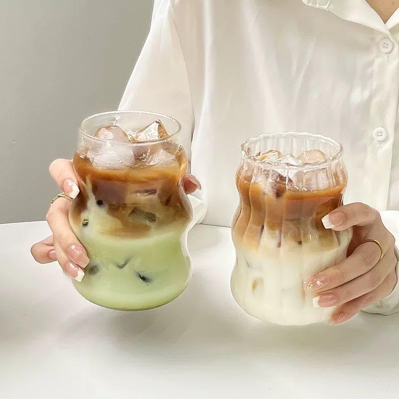 Mixed Drinkware Sets Glass Cups Set of 2 with Glass Straw, 18 Oz Drinking Glassware, Wave Shape Design, Bubble Cups