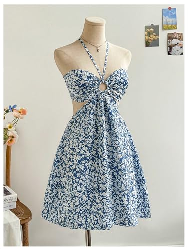 Women's Floral Halter Neck Vacation Dress Sleeveless Cut Out Boho Cami Dress