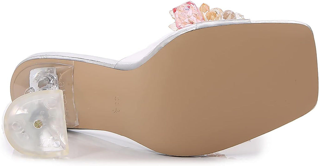 Women's Crystal Flower Heels Square Toe Heeled Sandals