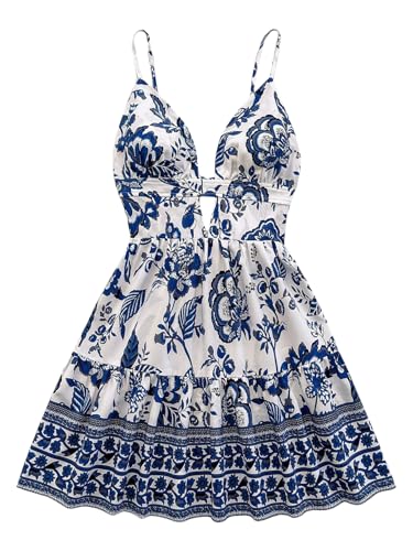 Women's Sleeveless Butterfly Print Cut Out V Neck Tiered Mini Cami Dresses