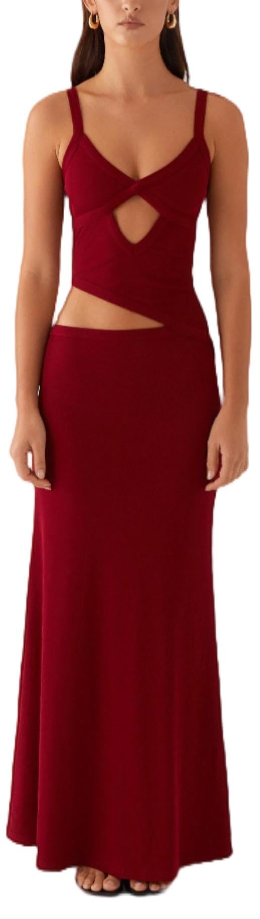 Sexy Cut Out Maxi Dress for Women Spaghetti Strap Backless Bodycon Dress Y2k Hollow Sleeveless Long Dress