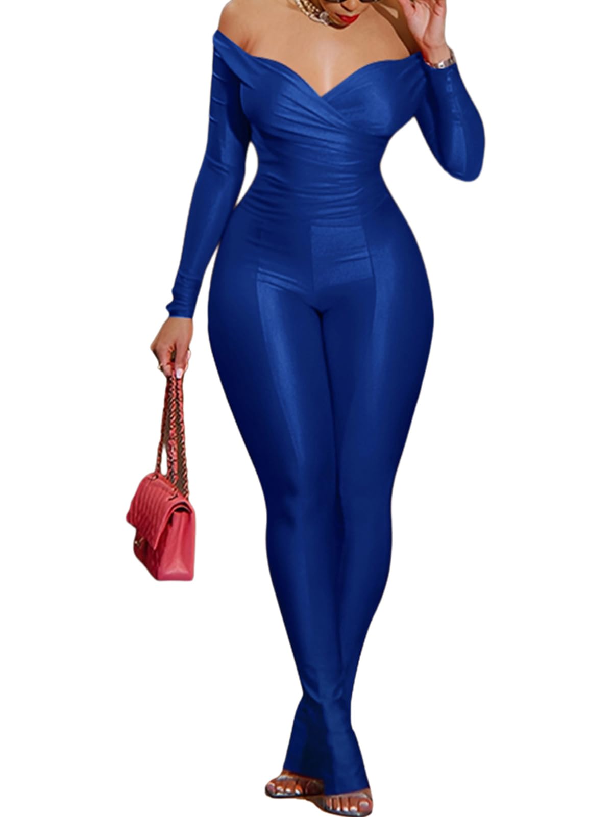 Women 2 Piece Outfits - Sexy Off Shoulder Tops Bodycon Flared Pant Sets