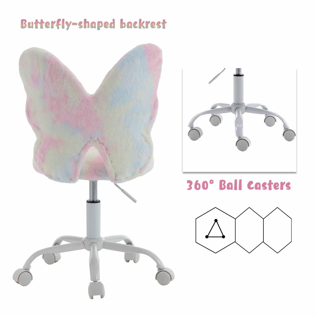 Kids Desk Chair Butterfly Faux Fur Study Chair Adjustable Vanity Chair, Small Cute Student Task Chair with White Foot