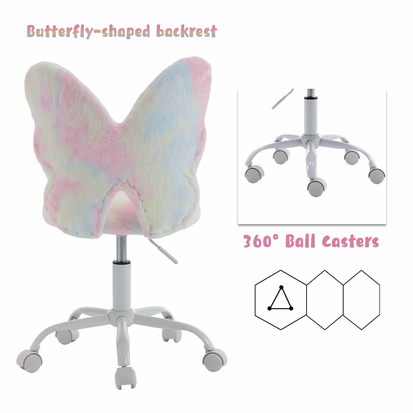 Kids Desk Chair Butterfly Faux Fur Study Chair Adjustable Vanity Chair, Small Cute Student Task Chair with White Foot