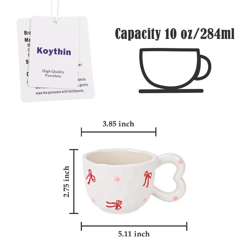 Ribbon Bow Ceramic Mug, Cute Creative Heart Handle Mug Design, 10.5 oz/300 ml