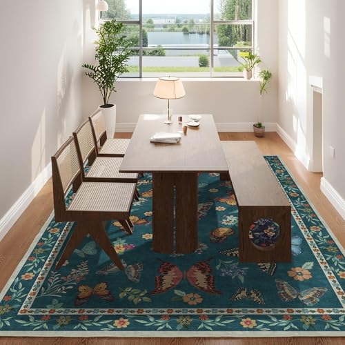 Insect Floral Area Rug, Machine Washable Area Rug Non-Slip Low Pile Large Bedroom Rug Stain Resistant Throw Rug Carpet
