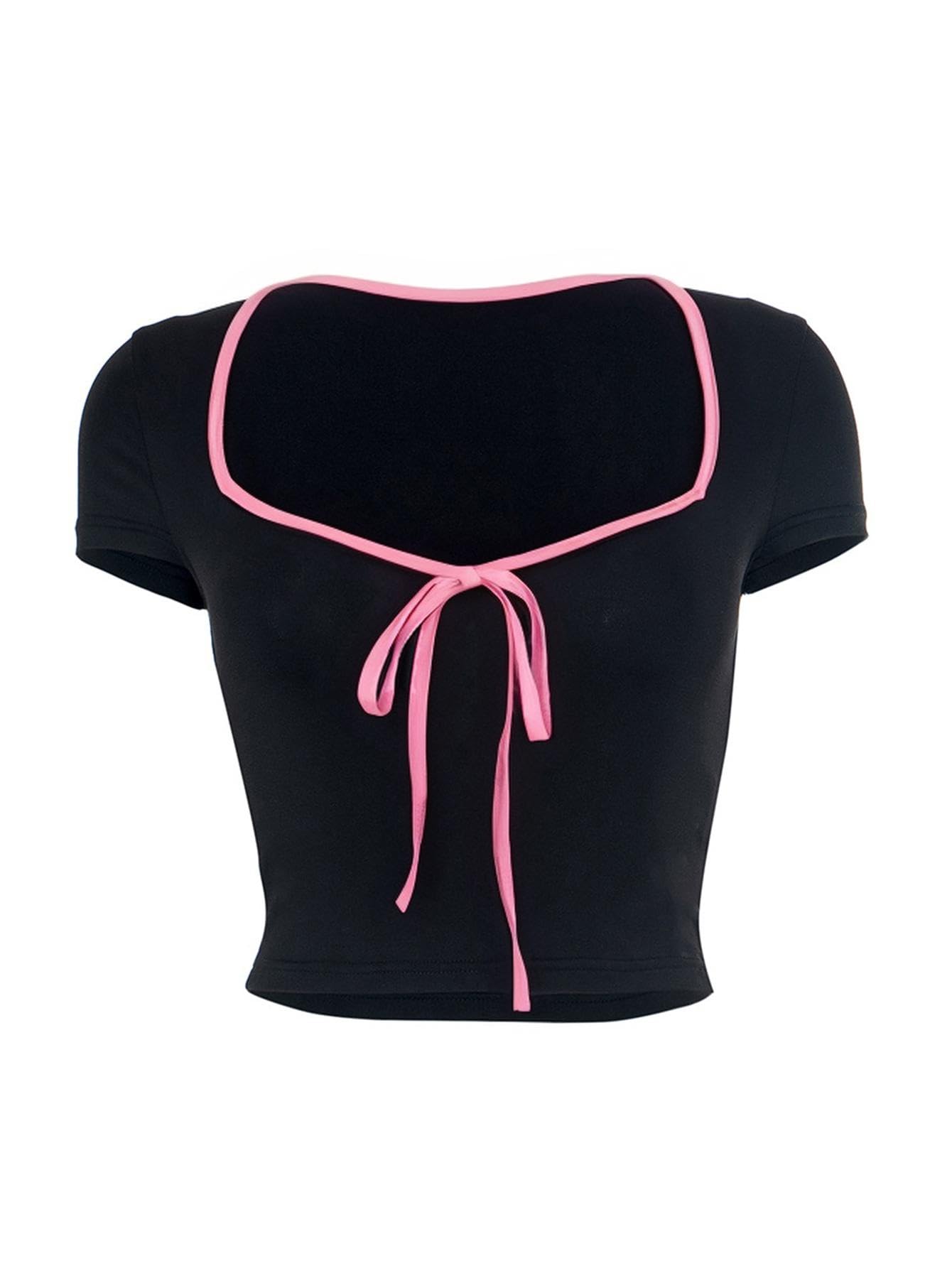 Womens Summer Short Sleeve Bow Square Neck Baby Tees Color Block Basic Crop Tops
