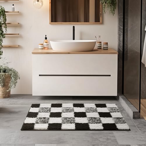 Checkered Bathroom Rugs, Fluffy Rug, Absorbent Microfiber Ultra Soft Bath Mat Washable, Non-Slip Bath Mats for Bathroom, Cute Floor Mat