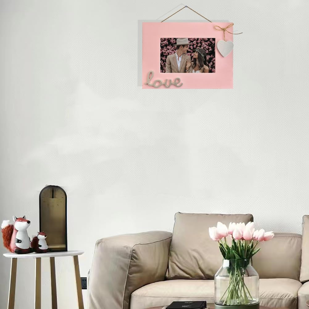 Love Picture Frame with Heart for Table Top and Wall Mounting-Distressed Wooden Photo Frame HD Glass Inside