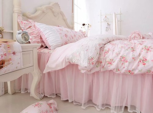 Romantic Roses Print Duvet Cover Set with Bed Skirt Pink Lace Ruffle Floral Shabby Chic Bedding Sets 4 Piece