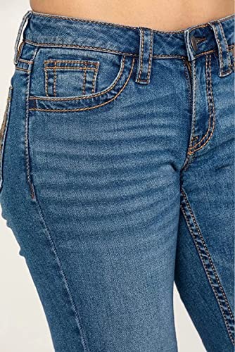Women Bootcut Jeans, Stretchy Feather Flower Embroidery Mid Rise Slim Straight Leg Pants Jeans