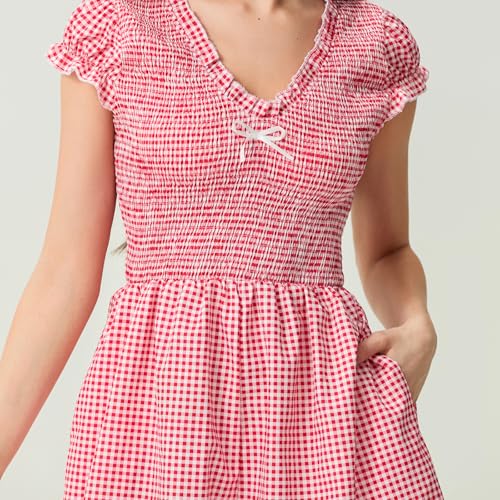 Women's Gingham Mini Dress Short Sleeve Bow Deep V Neck Smocked Waist Slim Fit Retro Plaid Dresses Y2k Sundress