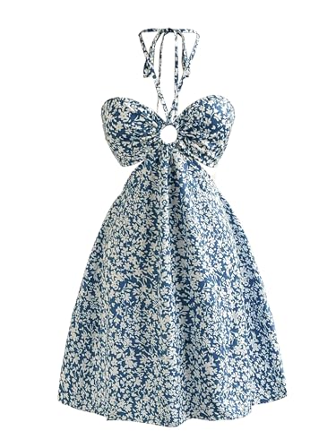Women's Floral Halter Neck Vacation Dress Sleeveless Cut Out Boho Cami Dress
