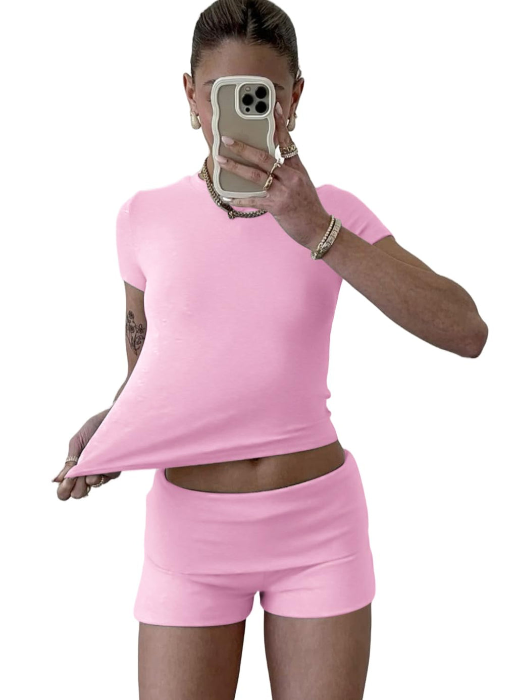 Workout Two Piece Outfits Short Sleeve Crop High Waist Foldover Shorts Tracksuit Sets Streetwear