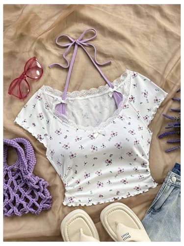 Women's Contrast Lace Halter Neck Lettuce Trim Casual Crop Tee Tops