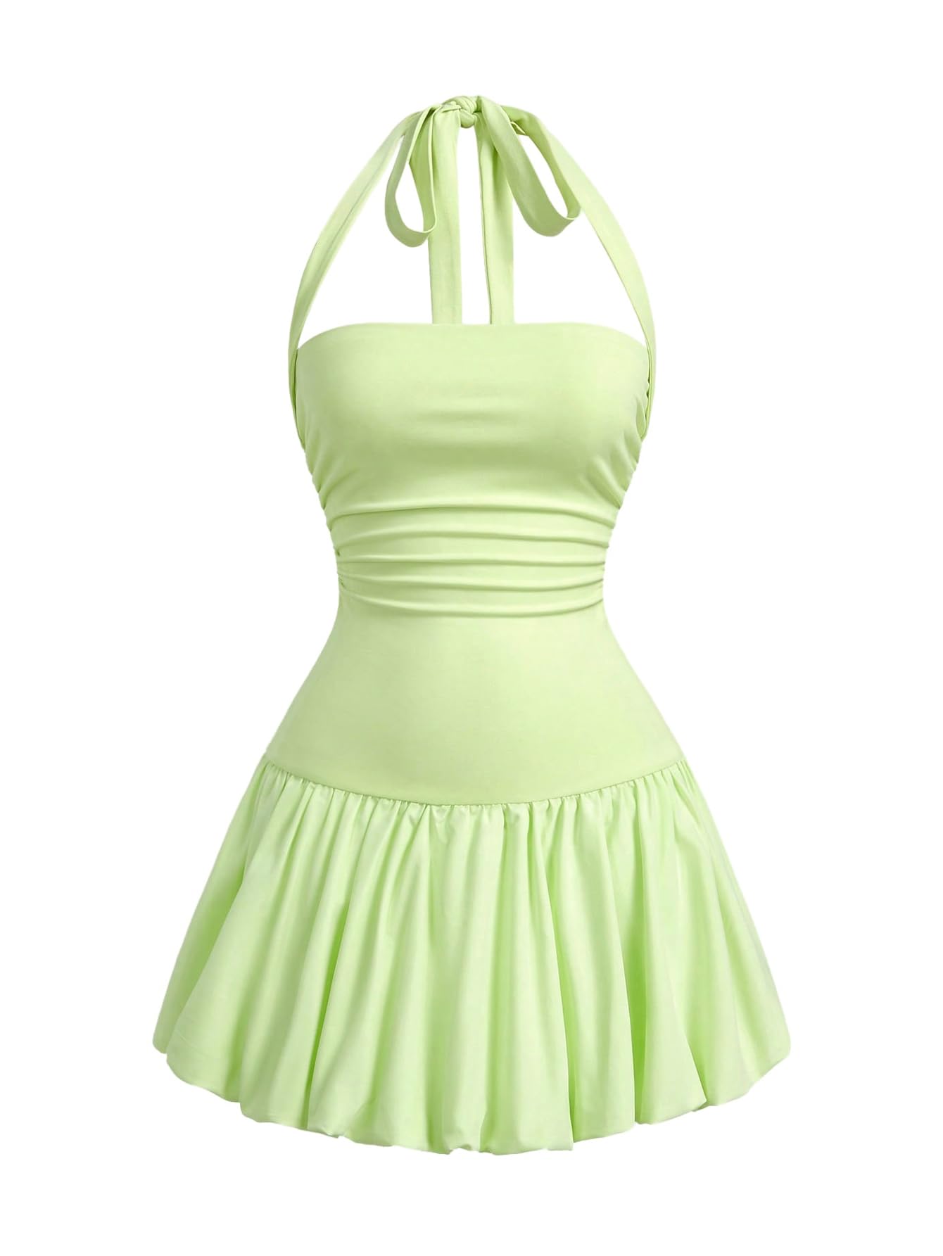 Women's Bubble Mini Dress Halter Backless Ruched Y2K Short Sundress with Built-in Shorts