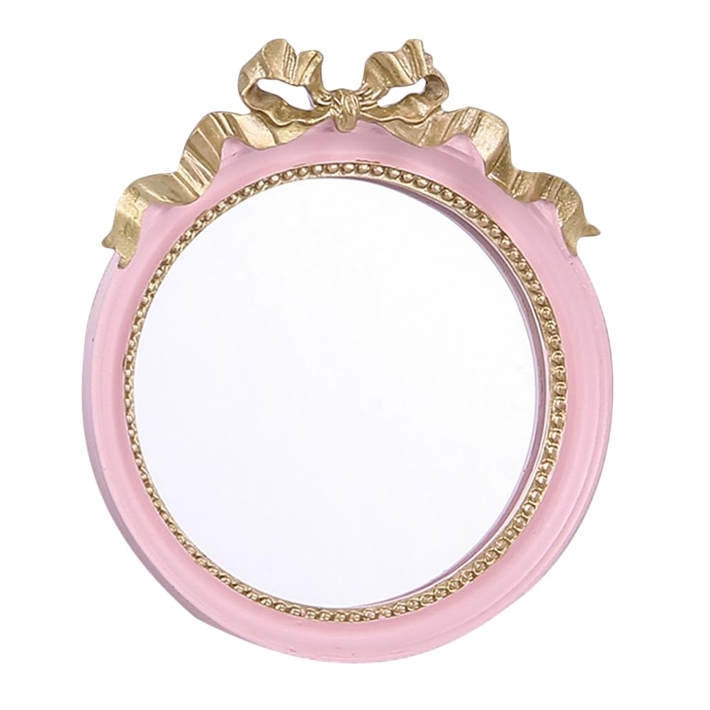 Round Portable Makeup Mirror with Bowknot Design Elegant Resin Small Mirror