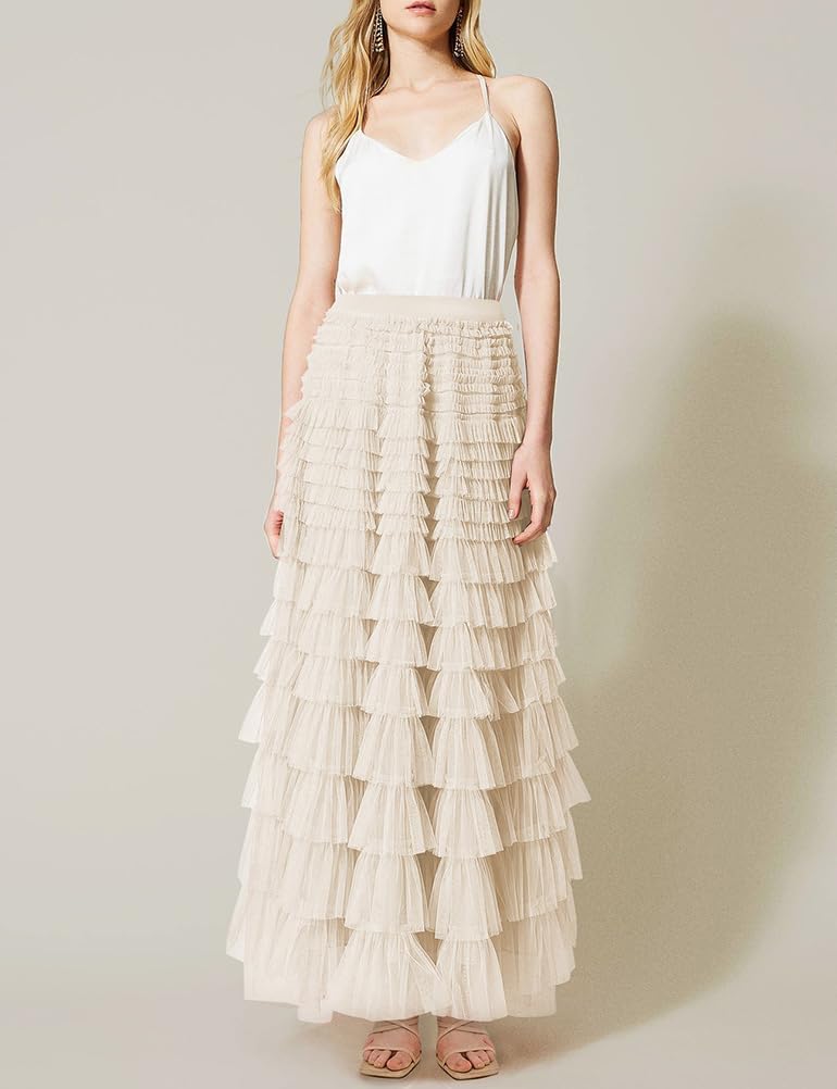 Long Tulle Skirt for Women Trendy High Waisted A Line Fluffy Fairy Mesh Layered Ruffle Skirt