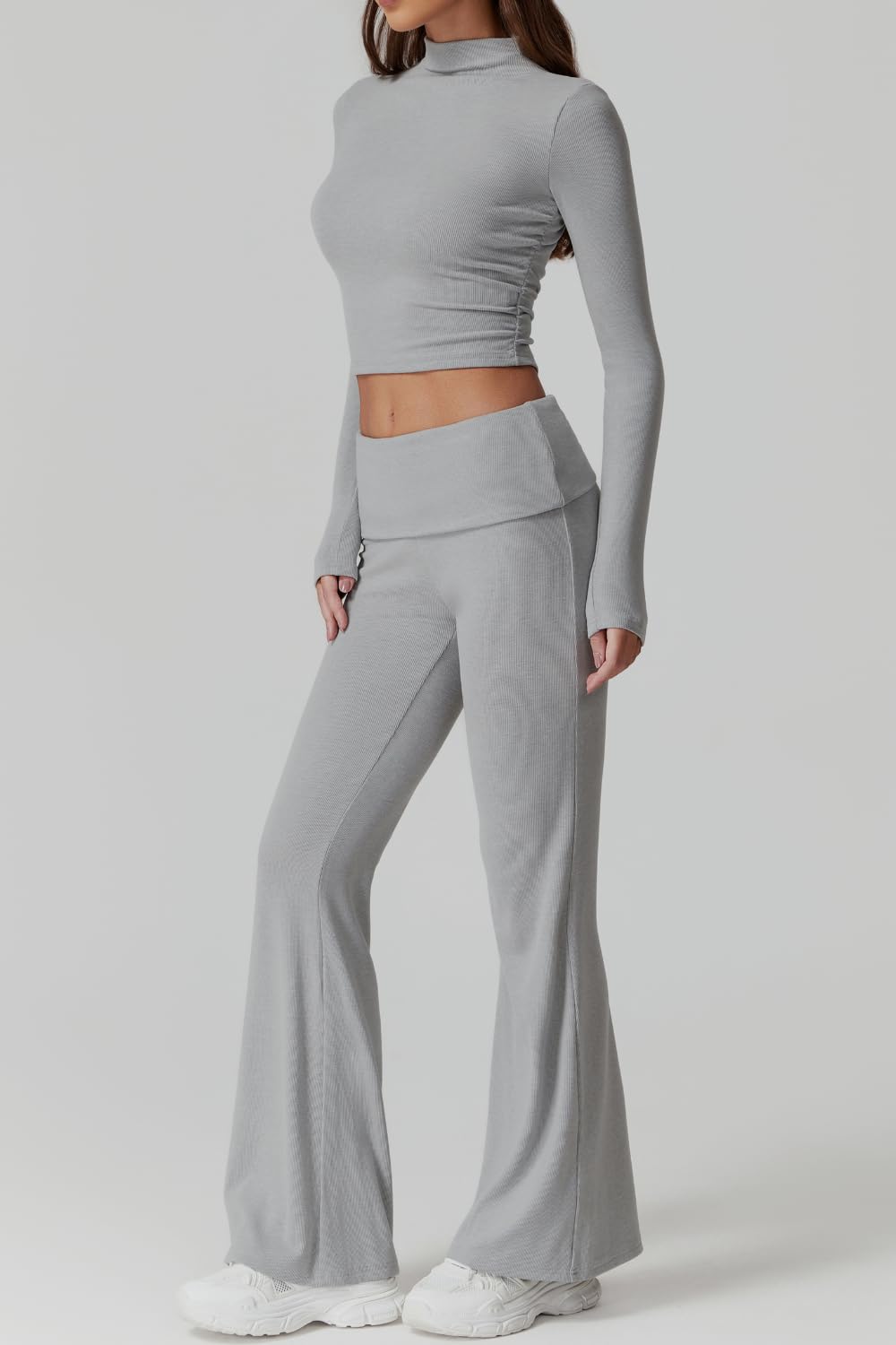 Womens 2 Piece Lounge Sets Mock Neck Long Sleeve Tops with Side Ruched Fold Over Flare Pants Comfy Tracksuits