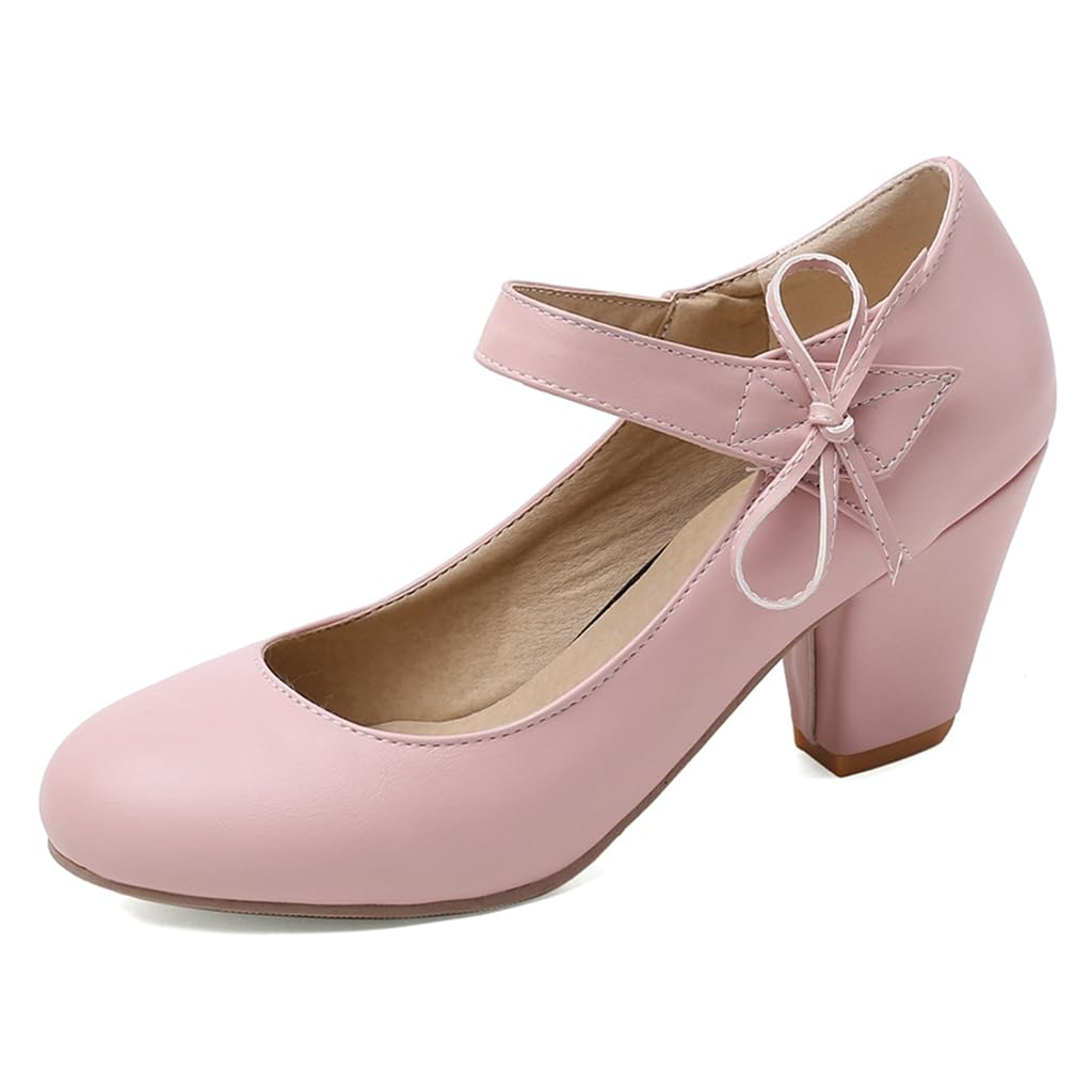 Women's Bow Mary Jane Dress Pumps Shoes Chunky Block High Heels Round Toe Shoes