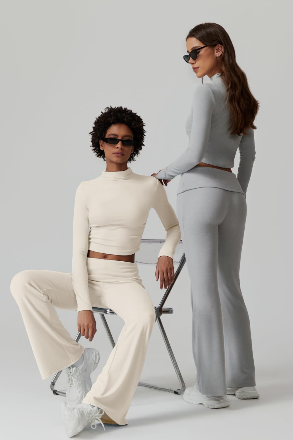 Womens 2 Piece Lounge Sets Mock Neck Long Sleeve Tops with Side Ruched Fold Over Flare Pants Comfy Tracksuits