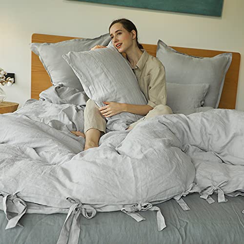 The 100% Linen Duvet Cover Set, 3 Pieces Belgian Flax Breathable Bedding,(1 Comforter Cover+2 Pillowshams) with Tie Closure Style