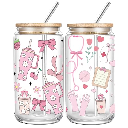 Cute 16oz Glass Cups with Lids and Straws, 2 Pack