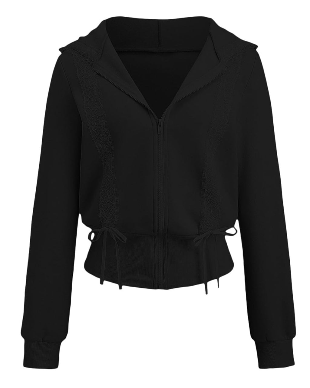 Women's Lace Patchwork Bow Zip-Up Crop Hoodie â€?Y2K Coquette Fleece Casual Hooded Sweatshirt