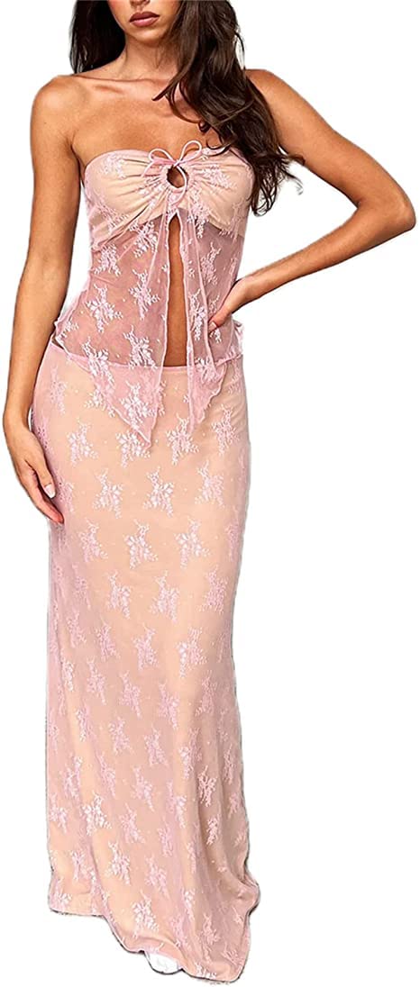Vintage Lace Maxi Skirt Set Women 2 Piece Outfit Strapless Split Tube Top and Maxi Skirt Set