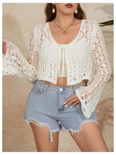 Women's Plus Size V Neck Long Flounce Sleeve Tie Front Knit Crop Cardigan