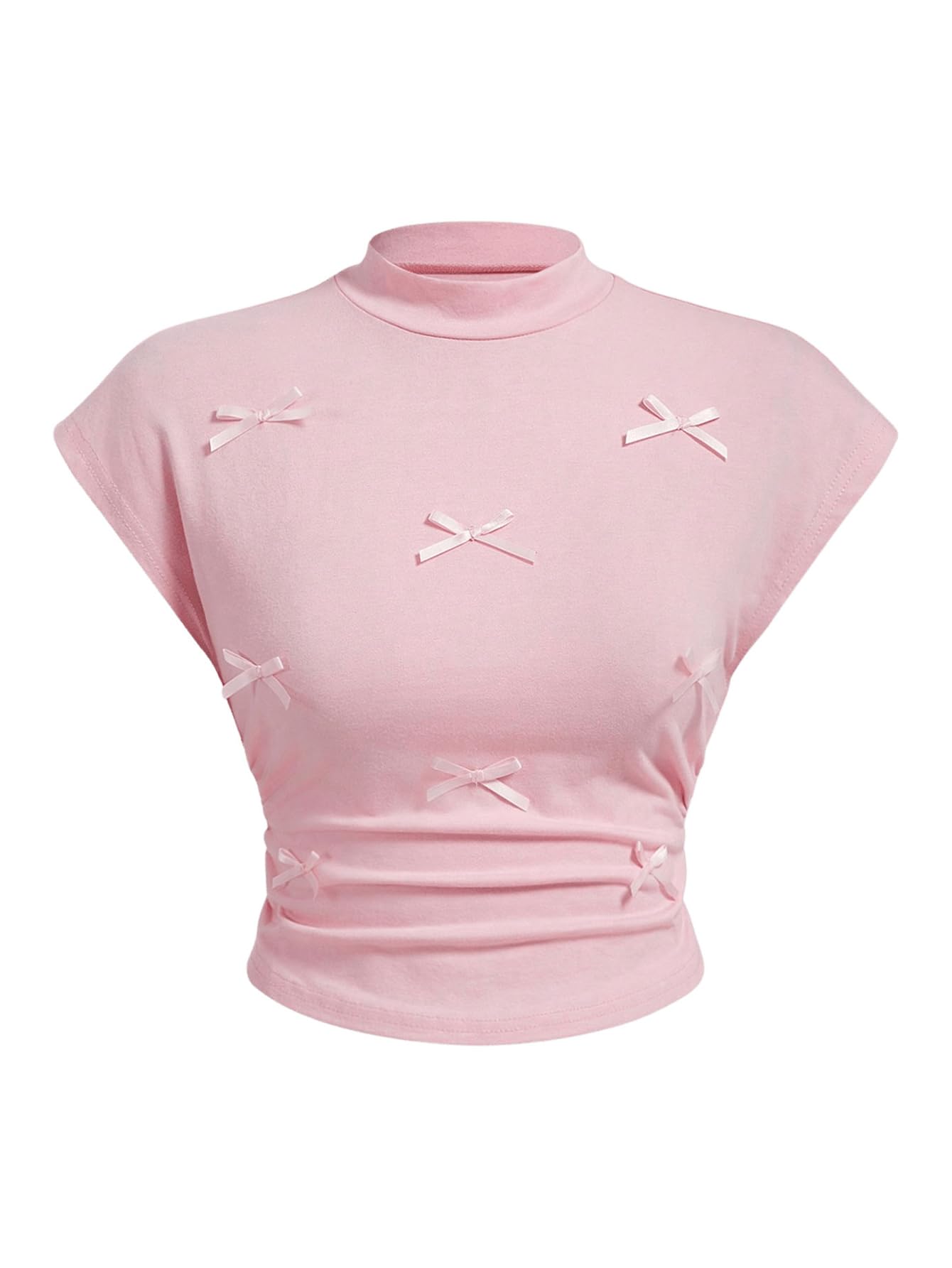 Women's Plus Size Y2K 3D Bow Crop Tops Mock Neck Cap Sleeve Ruched T Shirt