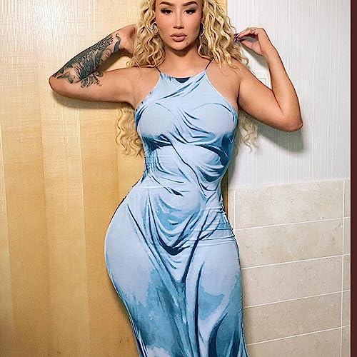 Women's Sexy Spaghetti Strap 3D Print Bodycon Maxi Dress Slim Fit Backless Summer Long Dresses