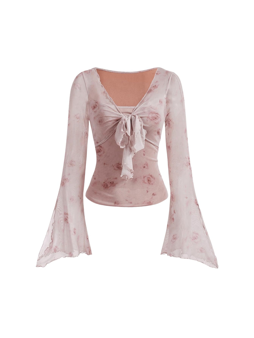 Verdusa Women's Floral Print Mesh Bell Sleeve Tie-Front Top with Lettuce Trim