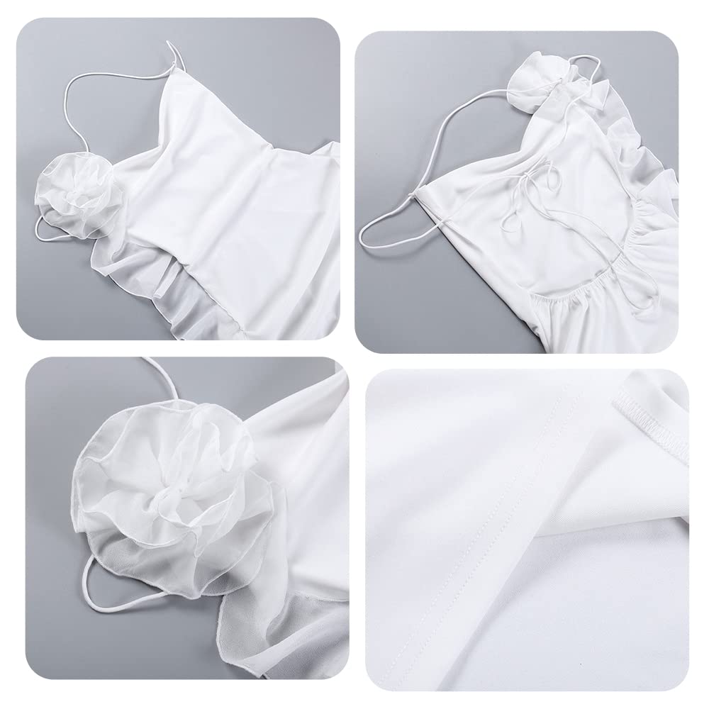 Women's Y2k Backless Ruffle Trim 3D Flower Sexy Sleeveless Strap Halter Bodycon Mini Dress