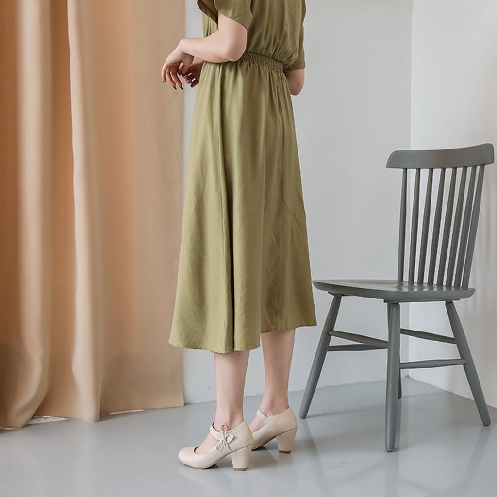 Women's Bow Mary Jane Dress Pumps Shoes Chunky Block High Heels Round Toe Shoes