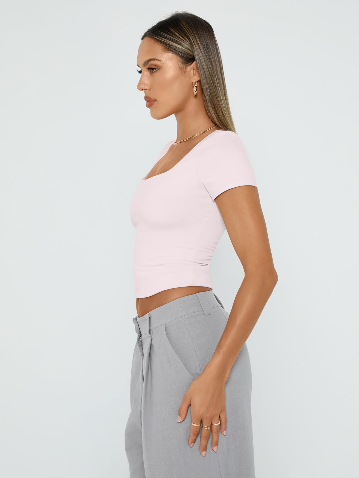 Womens Short Sleeve T Shirts Double Lined Square Neck Crop Tops Basics Tees