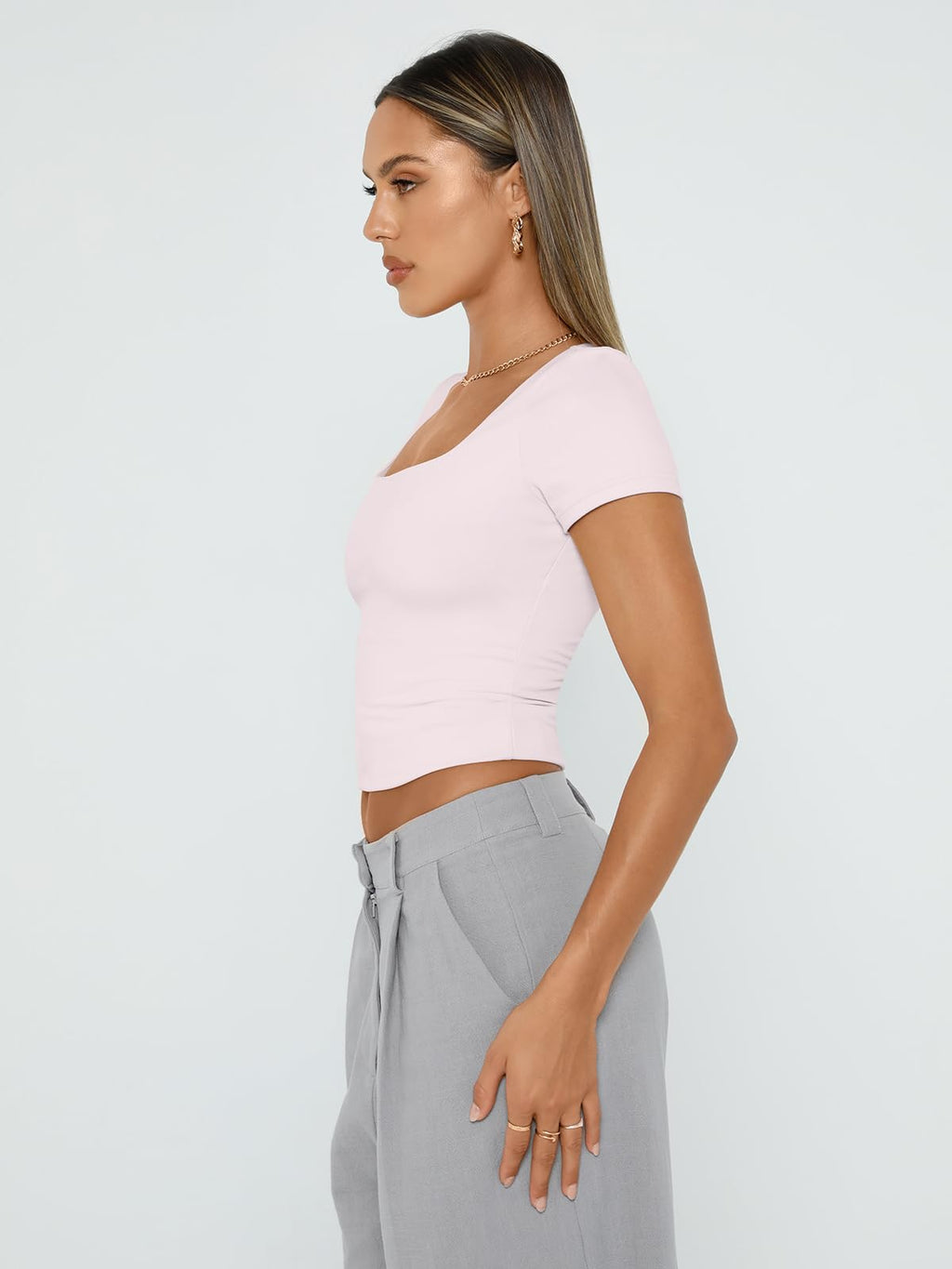 Womens Short Sleeve T Shirts Double Lined Square Neck Crop Tops Basics Tees