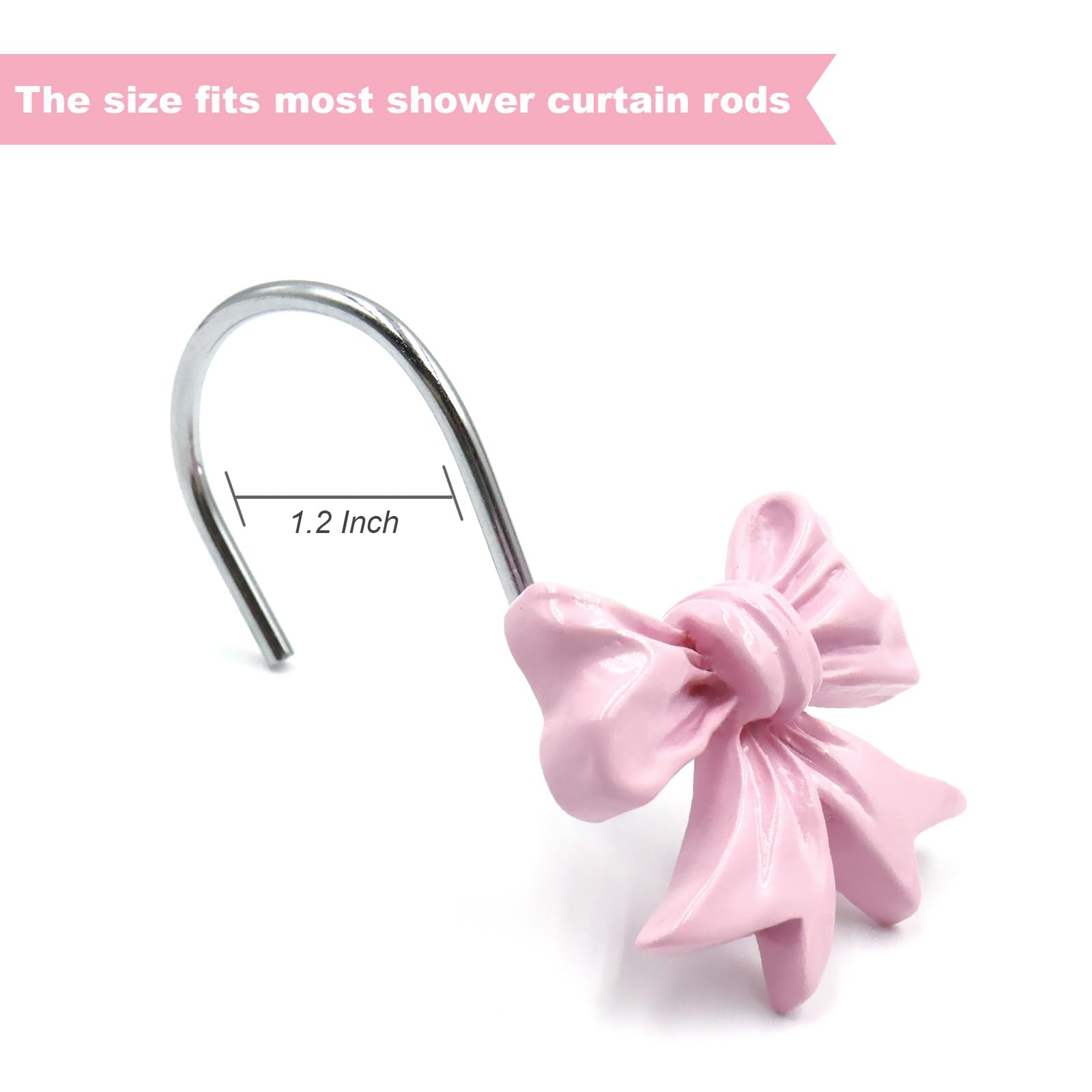 Decorative Pink Cute Bow Knot Shower Curtain Rings Resin Hanger for Girls Princess-Themed Bathroom Art Decor 12 PCS