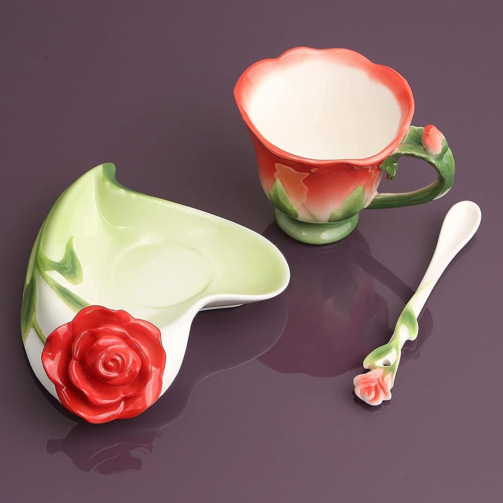 Rose Tea Cup and Saucer -  Set for 1 Ceramic Hand Crafted Rose Flower Cup, 6 Oz