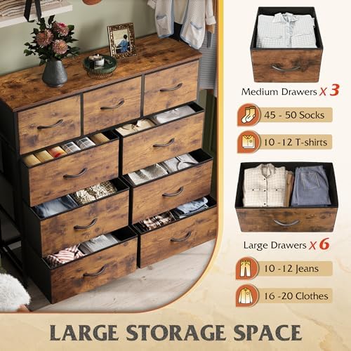 Drawer Fabric 9 Dresser â€?Tall Storage Tower with Bins, Steel Frame, and Wood Top