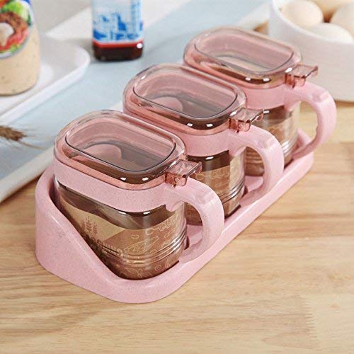Pink Glass Transparent Spice Jar Seasoning Box Set Kitchen Container Tools Condiment Jars Cruet with Cover and Spoon Kitchen Utensils Supplies Salt Cellar with Lid (with base)