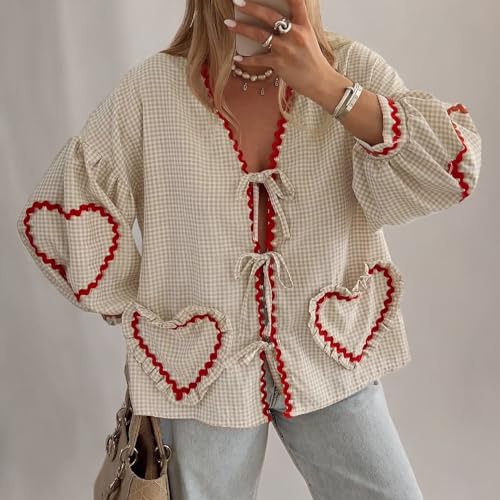 Tie Front Tops for Women Gingham Babydoll Bow Top Puff Sleeve Coquette Tops Heart Long Sleeve Cute Spring Tops
