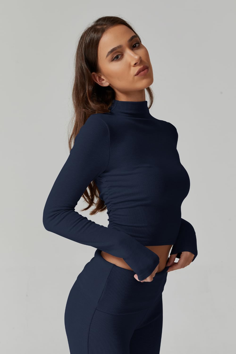Womens 2 Piece Lounge Sets Mock Neck Long Sleeve Tops with Side Ruched Fold Over Flare Pants Comfy Tracksuits