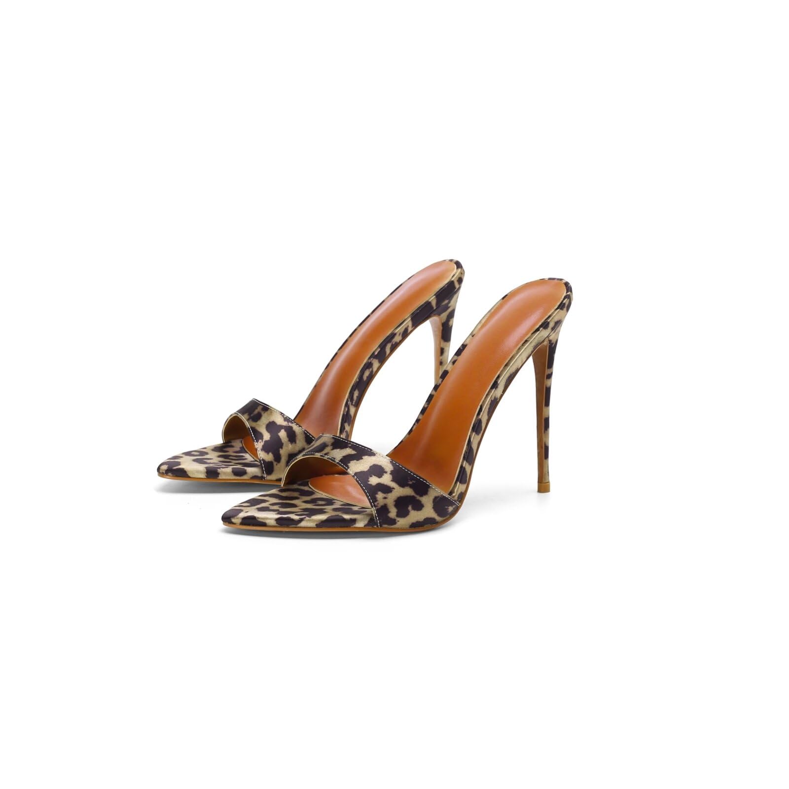Sexy Stiletto Leopard Print High Heeled Sandal, Stylish Fashion High Heels Women Shoes, Designer Pointed Toe Satin Brown Spike Mule Sandal For Women